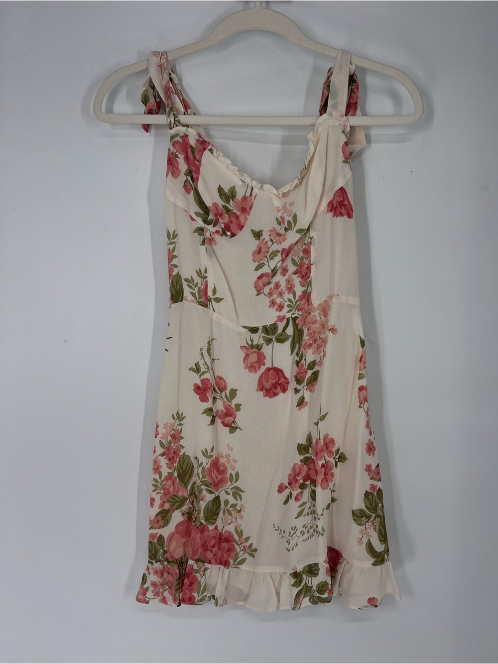Reformation Cream Pink Floral Sweetheart Tie Shoulder Ruffle Boho Mini Dress NWT